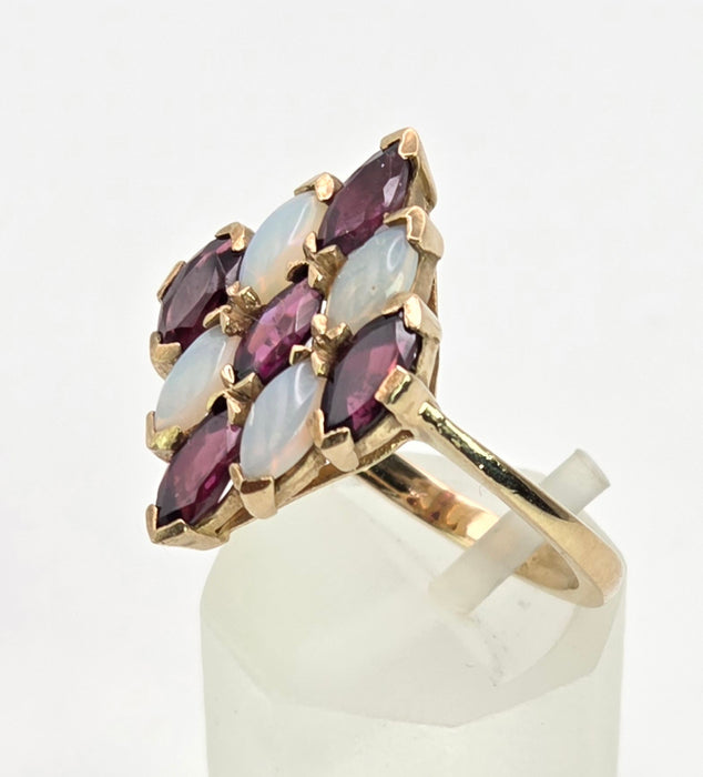 2152: Vintage: 9ct Gold Almandine Garnets White Opals Geometric Set Ring