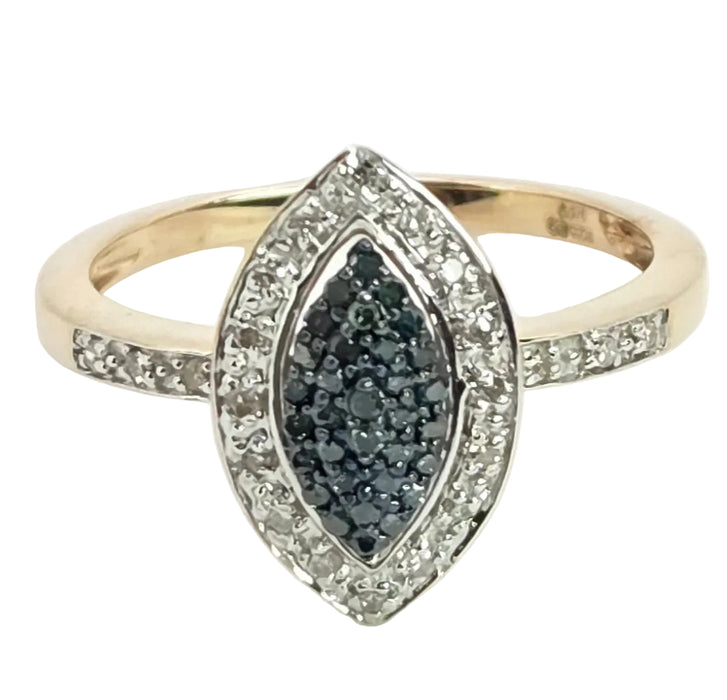 6458: Vintage 9ct Gold Blue & White Diamond Marquise Cluster Ring