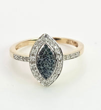 Cargar imagen en el visor de la galería, 2153: Vintage: 9ct Gold Blue White Diamonds Dress Ring- 55 natural sparkling diamonds
