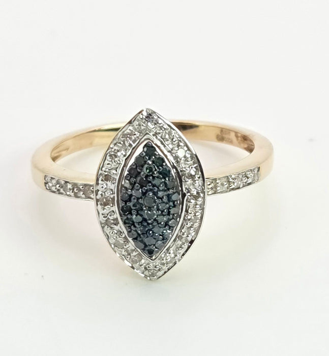 6458: Vintage 9ct Gold Blue & White Diamond Marquise Cluster Ring