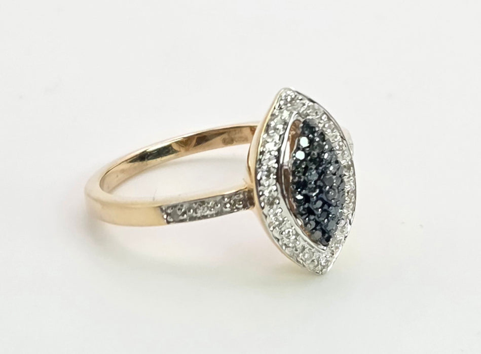6458: Vintage 9ct Gold Blue & White Diamond Marquise Cluster Ring