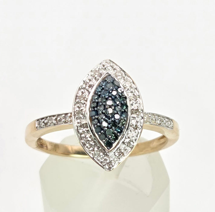 6458: Vintage 9ct Gold Blue & White Diamond Marquise Cluster Ring