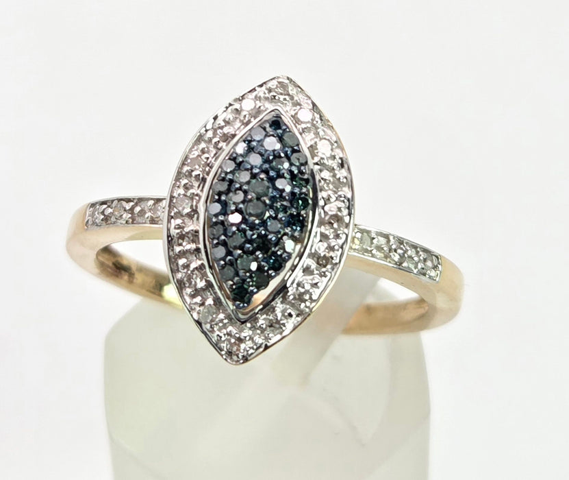 6458: Vintage 9ct Gold Blue & White Diamond Marquise Cluster Ring