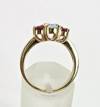Load image into Gallery viewer, 2160: Vintage; 9ct Gold Blue Aquamarine Scarlet Red Topaz Dress Ring- seductive combination
