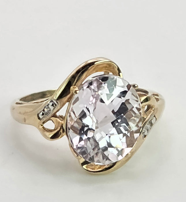 2167: Vintage; 9ct Gold Large Pink Kunzite Diamonds Cocktail Ring