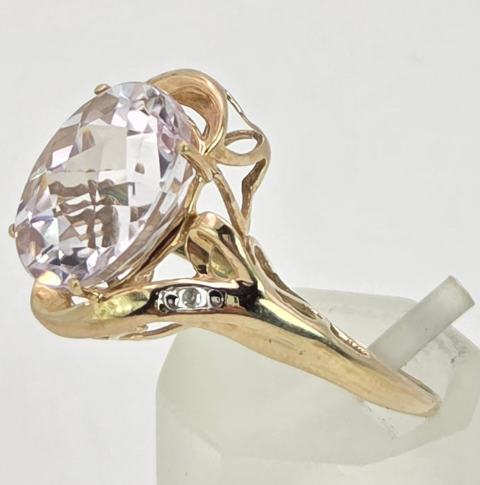 2167: Vintage; 9ct Gold Large Pink Kunzite Diamonds Cocktail Ring