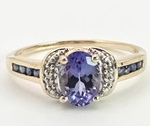 Load image into Gallery viewer, Vintage; 9ct Gold Violet Blue Tanzanite 6 Natural Diamonds Dress Ring
