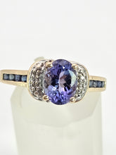 Load image into Gallery viewer, Vintage; 9ct Gold Violet Blue Tanzanite 6 Natural Diamonds Dress Ring
