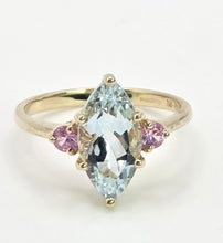 Load image into Gallery viewer, 2177: Vintage: 9ct Gold Marquise Blue Aquamarine Pink Sapphires Dress Ring
