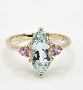 2177: Vintage: 9ct Gold Marquise Blue Aquamarine Pink Sapphires Dress Ring