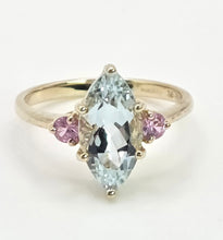 Load image into Gallery viewer, 2177: Vintage: 9ct Gold Marquise Blue Aquamarine Pink Sapphires Dress Ring
