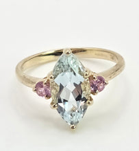 Load image into Gallery viewer, 2177: Vintage: 9ct Gold Marquise Blue Aquamarine Pink Sapphires Dress Ring
