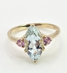 2177: Vintage: 9ct Gold Marquise Blue Aquamarine Pink Sapphires Dress Ring