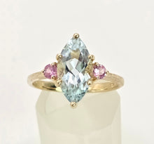 Load image into Gallery viewer, 2177: Vintage: 9ct Gold Marquise Blue Aquamarine Pink Sapphires Dress Ring
