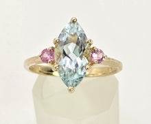 Load image into Gallery viewer, 2177: Vintage: 9ct Gold Marquise Blue Aquamarine Pink Sapphires Dress Ring
