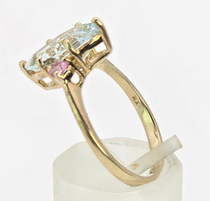2177: Vintage: 9ct Gold Marquise Blue Aquamarine Pink Sapphires Dress Ring