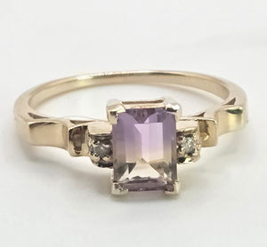 2178: Vintage; 9ct Gold Emerald Cut Ametrine Diamonds Dress Ring- a rare find
