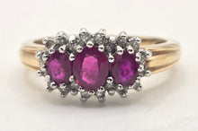 Load image into Gallery viewer, 2180: Vintage: 9ct Gold Rich Red Ruby Trilogy 18 Diamonds Dress Ring
