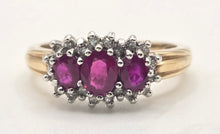 Load image into Gallery viewer, 2180: Vintage: 9ct Gold Rich Red Ruby Trilogy 18 Diamonds Dress Ring
