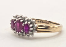 Load image into Gallery viewer, 2180: Vintage: 9ct Gold Rich Red Ruby Trilogy 18 Diamonds Dress Ring
