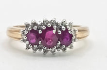 Load image into Gallery viewer, 2180: Vintage: 9ct Gold Rich Red Ruby Trilogy 18 Diamonds Dress Ring
