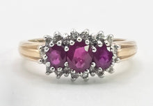 Load image into Gallery viewer, 2180: Vintage: 9ct Gold Rich Red Ruby Trilogy 18 Diamonds Dress Ring

