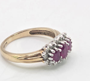 2180: Vintage: 9ct Gold Rich Red Ruby Trilogy 18 Diamonds Dress Ring