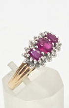 Load image into Gallery viewer, 2180: Vintage: 9ct Gold Rich Red Ruby Trilogy 18 Diamonds Dress Ring
