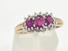 Load image into Gallery viewer, 2180: Vintage: 9ct Gold Rich Red Ruby Trilogy 18 Diamonds Dress Ring

