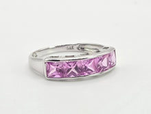 Load image into Gallery viewer, 2184: Vintage; 9ct White Gold Pink Sapphires Stacker/Dress Ring- petite, pink and cute
