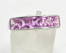 Load image into Gallery viewer, 2184: Vintage; 9ct White Gold Pink Sapphires Stacker/Dress Ring- petite, pink and cute
