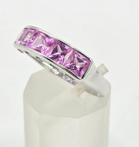 2184: Vintage; 9ct White Gold Pink Sapphires Stacker/Dress Ring- petite, pink and cute