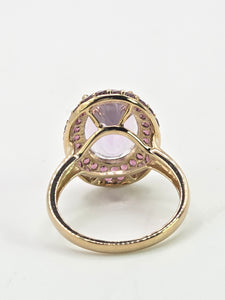 2185:    Vintage; 9ct Gold Lilac Amethysts Garnets Halo Cluster Ring