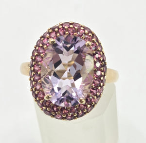 2185:    Vintage; 9ct Gold Lilac Amethysts Garnets Halo Cluster Ring