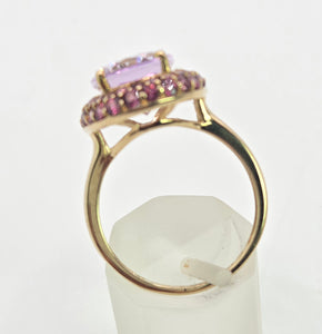2185:    Vintage; 9ct Gold Lilac Amethysts Garnets Halo Cluster Ring