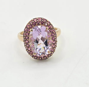 2185:    Vintage; 9ct Gold Lilac Amethysts Garnets Halo Cluster Ring