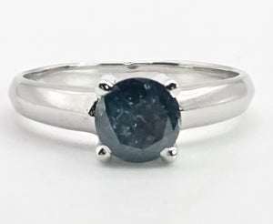 2186: Vintage; 18ct White Gold Round Full Cut Blue Natural Diamond Solitaire Ring