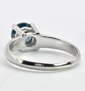 2186: Vintage; 18ct White Gold Round Full Cut Blue Natural Diamond Solitaire Ring