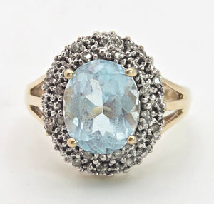 1764: Vintage: 9ct Gold Swiss Blue Topaz 16 Diamonds Diana Style Cluster Ring