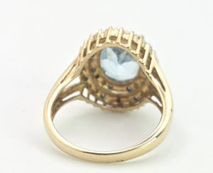 1764: Vintage: 9ct Gold Swiss Blue Topaz 16 Diamonds Diana Style Cluster Ring