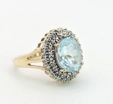 Load image into Gallery viewer, 1764: Vintage: 9ct Gold Swiss Blue Topaz 16 Diamonds Diana Style Cluster Ring
