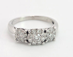 1869: Vintage: 9ct White Gold Diamonds Floral Trilogy Ring- natural sparkling beauty