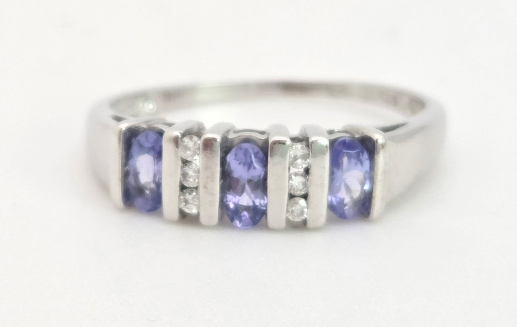 Vintage: 18ct White Gold Violet Blue Tanzanites Natural Diamonds Half-Hoop Ring