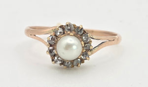 Antique: 9ct Rose Gold Cultured Pearl 11 Natural Diamonds Dress Ring