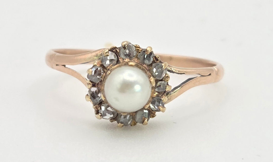 Antique: 9ct Rose Gold Cultured Pearl 11 Natural Diamonds Dress Ring