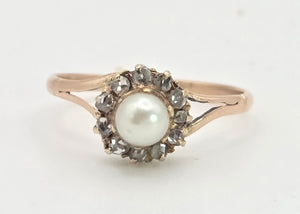 Antique: 9ct Rose Gold Cultured Pearl 11 Natural Diamonds Dress Ring