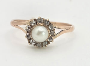 Antique: 9ct Rose Gold Cultured Pearl 11 Natural Diamonds Dress Ring