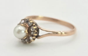 Antique: 9ct Rose Gold Cultured Pearl 11 Natural Diamonds Dress Ring