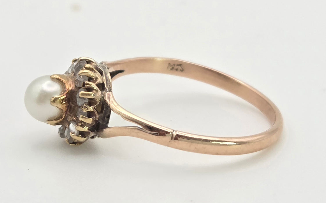 6445 Antique: 9ct Rose Gold Cultured Pearl 11 Natural Diamonds Dress Ring