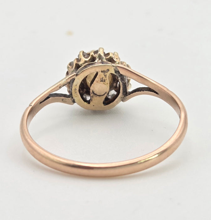6445 Antique: 9ct Rose Gold Cultured Pearl 11 Natural Diamonds Dress Ring